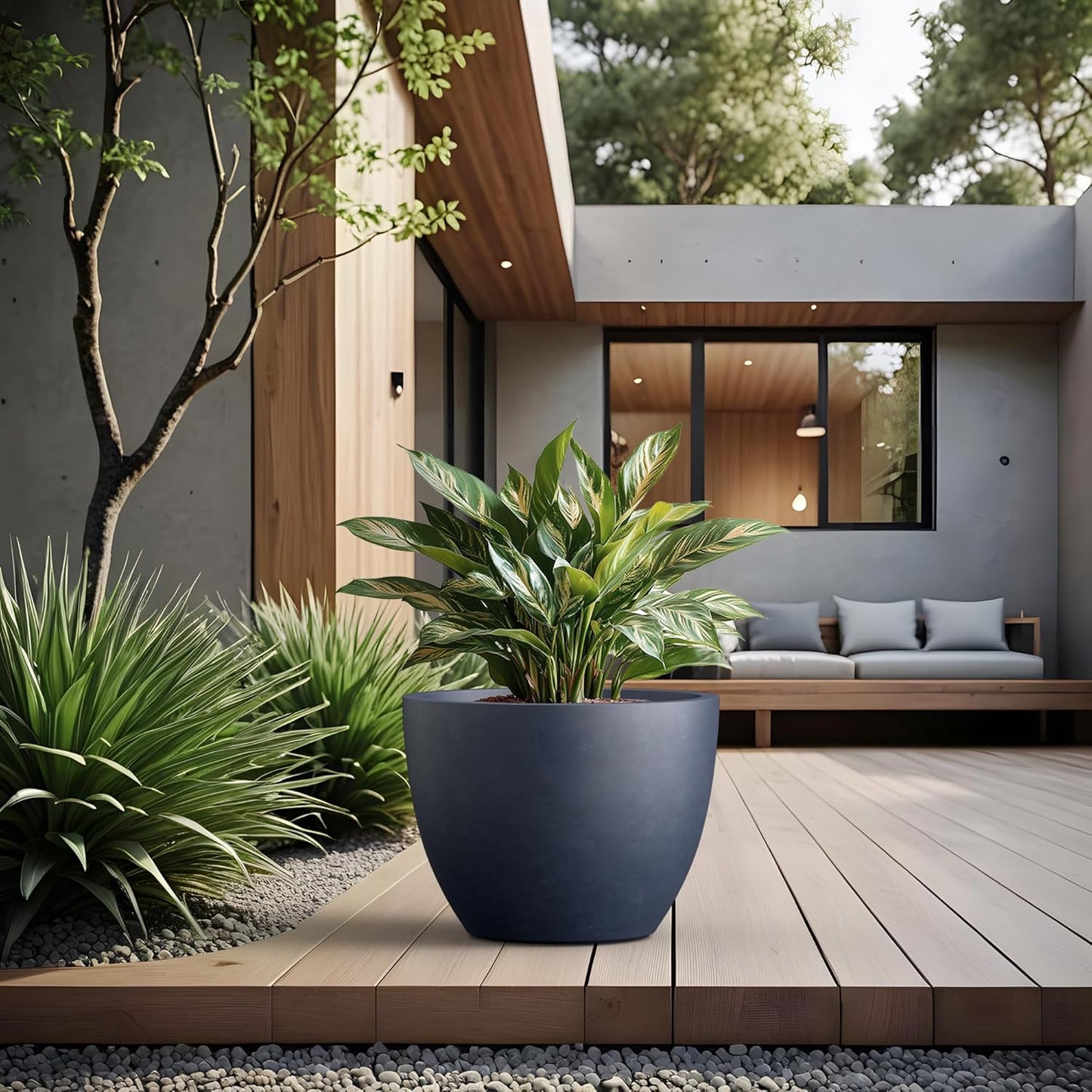 Kante 17.3 Inch Round Concrete Planter - Classic Large Indoor/Outdoor Plant Pot with Drainage Hole and Rubber Plug, Suitable for Gardens and Patios, Charcoal Finish with Forest Green Interior