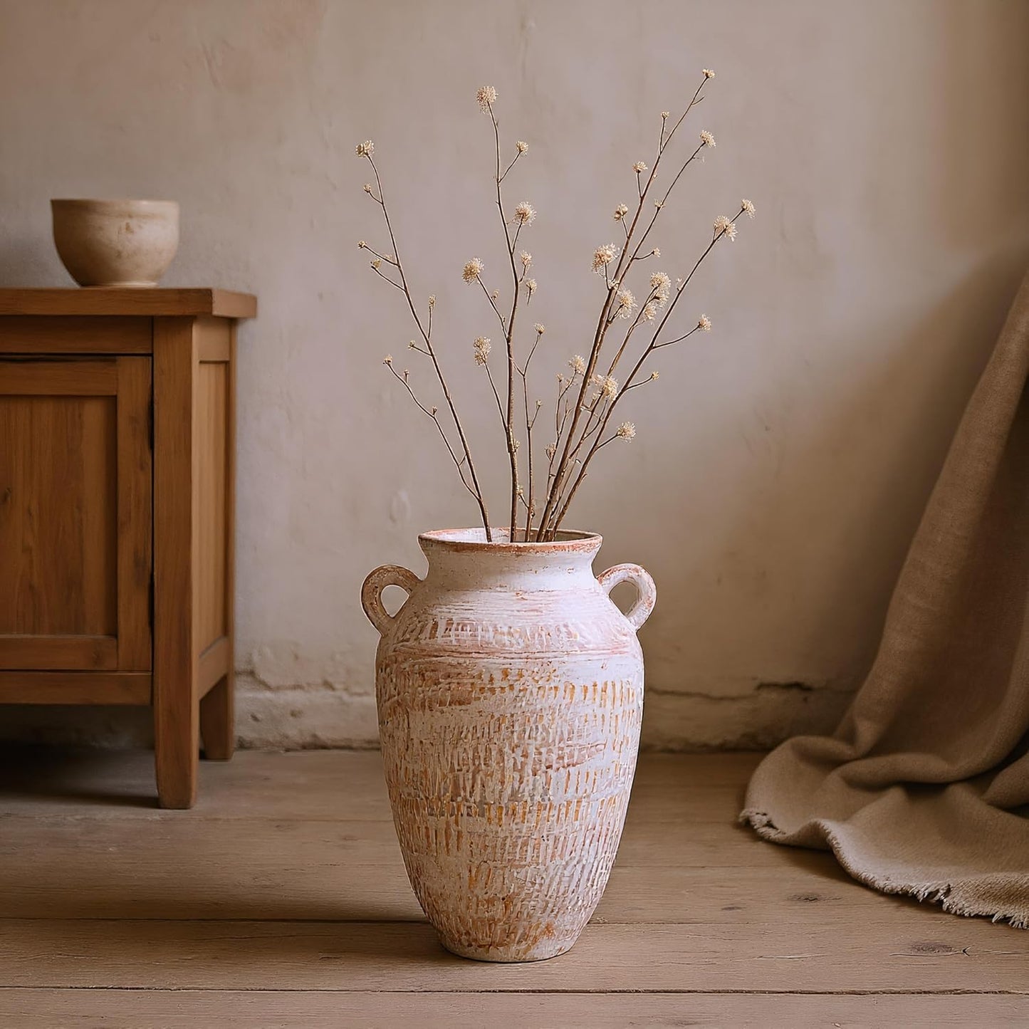 Vintage Ceramic Vase with Handles, 12.6" Height Distressed White & Brown Crackle Finish Planter, Handmade Pottery Flower Vase for Home Decor, Farmhouse, Boho Indoor Decor, with Waterproof Liner