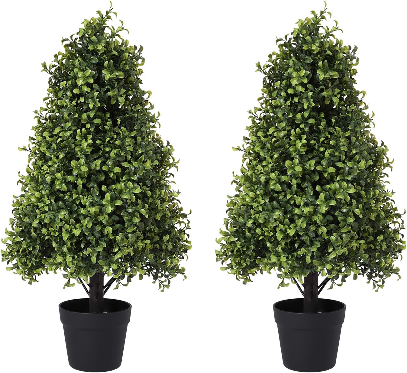 30" Artificial Boxwood Topiary Trees Outdoor Set of 2 - UV Resistant Faux Plants for Front Porch Outside Planter, Realistic Fake Cone-Shaped Bushes & Shrubs 2.5ft