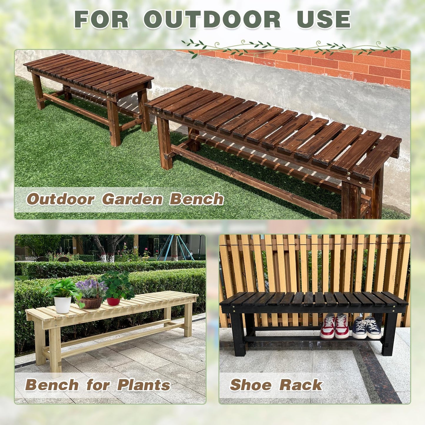 Outdoor Garden Bench, 2-Person Wood Patio Bench Weatherproof Outdoor Backless Bench, Anti-Corrosion and Anti-Rust Garden Benches for Garden Lawn Porch Park Backyard (Carbonized,35.5''/90cm)