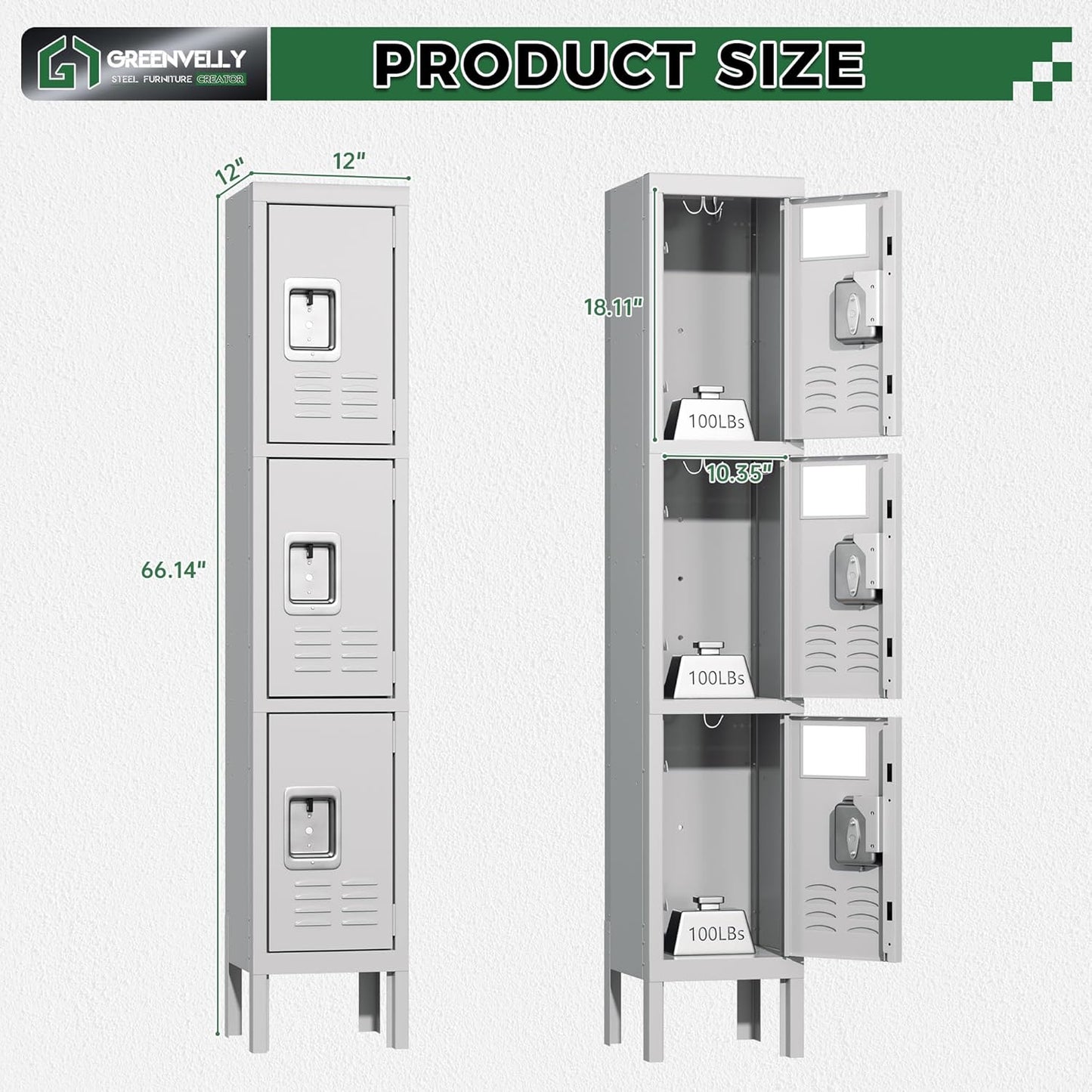Greenvelly Metal Locker for School Office Gym Metal Storage Locker Cabinet for Employees Students Steel Locker Triple Tier with 3 Door Grey