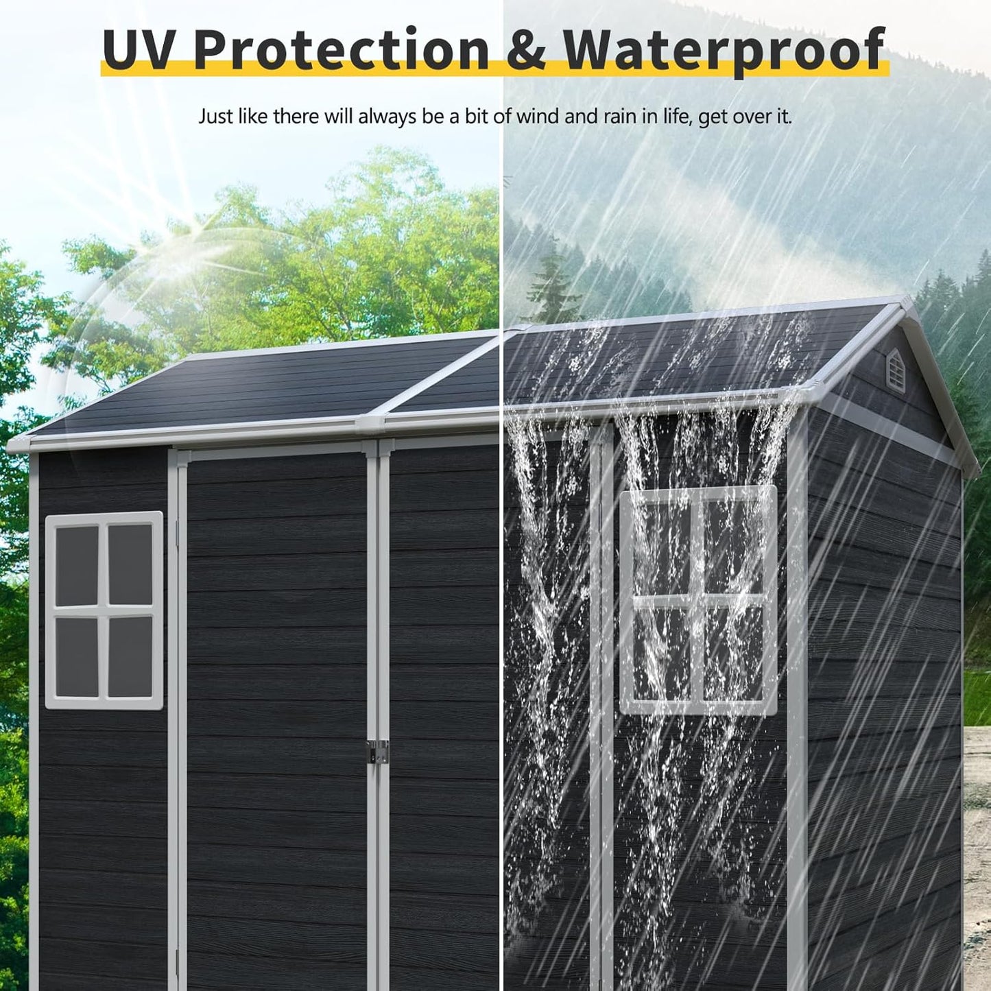 8x6 ft Outdoor Resin Storage Shed with Floor, Waterproof Plastic Garden Shed with Lockable Door and Two Windows, All-Weather Tool Sheds for Backyard, Patio, Lawn (Black)