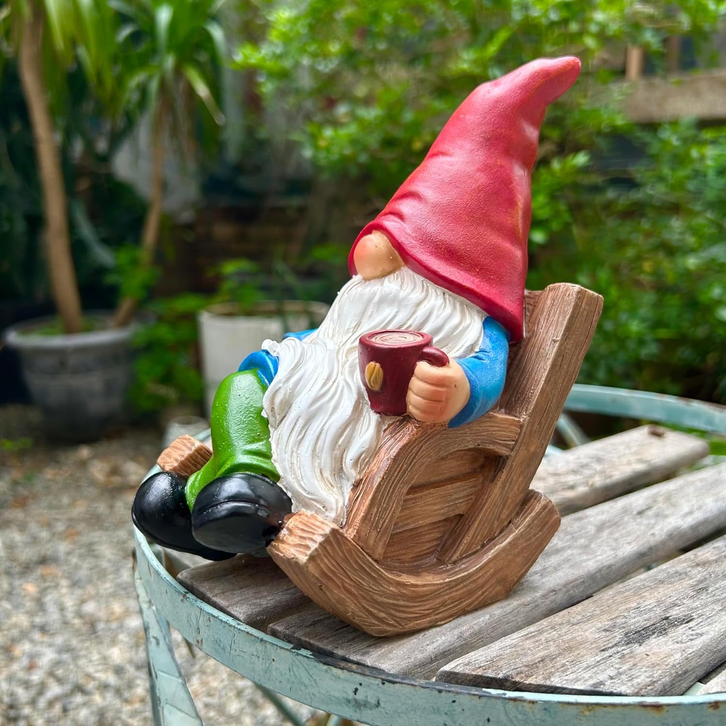 Drinking Coffee Faceless Garden Gnome Statue Decoration 7.1" Figurine Ornament for Indoor Outdoor Home Patio Yard Lawn