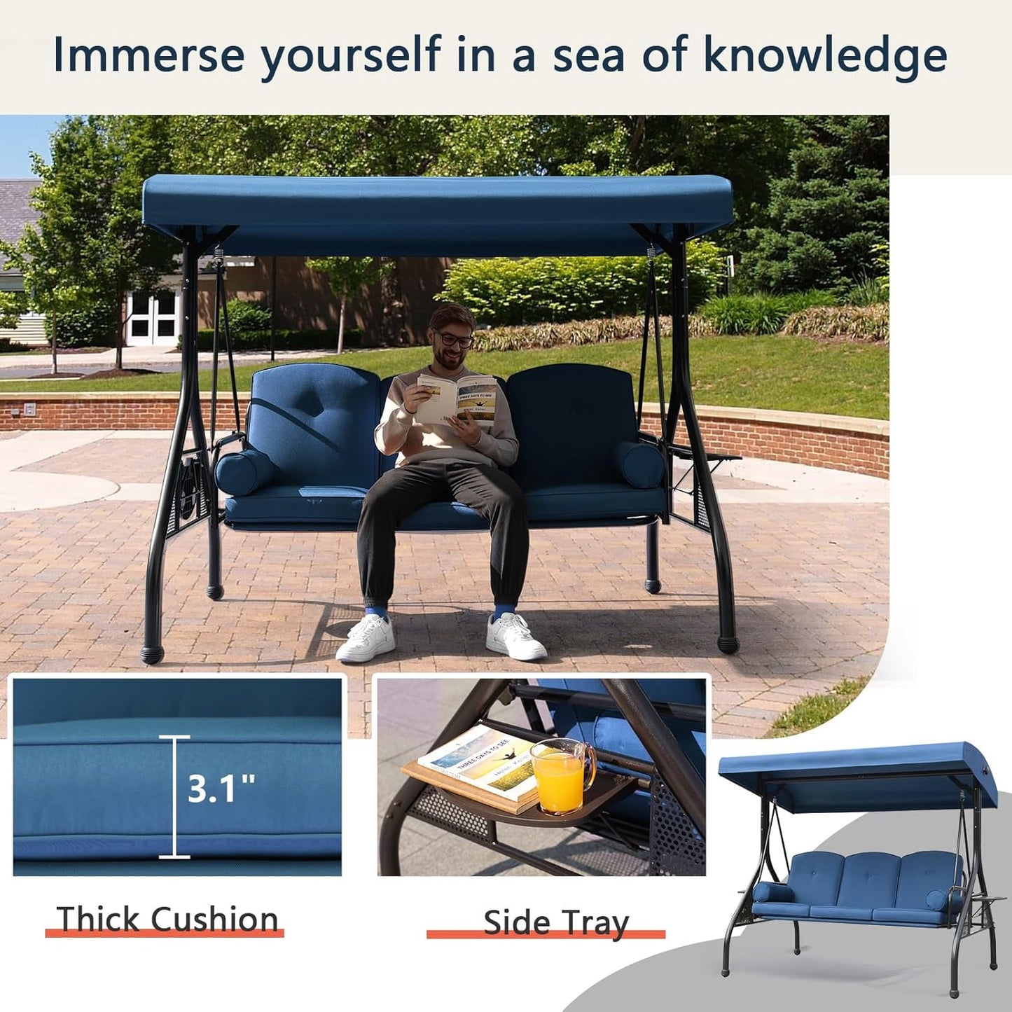 NOBLEMOOD Patio Porch Swing, 3-Seat Outdoor Swing with Adjustable Canopy, Waterproof Fabric Cushion, Pillow and Foldable Side Tray for Patio, Backyard, Porch Swing Bed for Spring