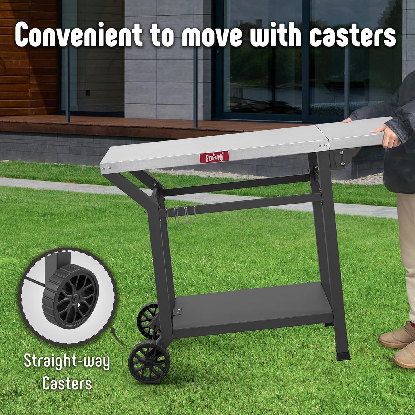 Outdoor Grill Table, 40’’x20’’ Movable Pizza Oven Table with Wheels, Stainless Steel Countertop Grill Cart with Storage Shelf & Foldable Extension, 6 Extra Hooks,for BBQ Food Prep