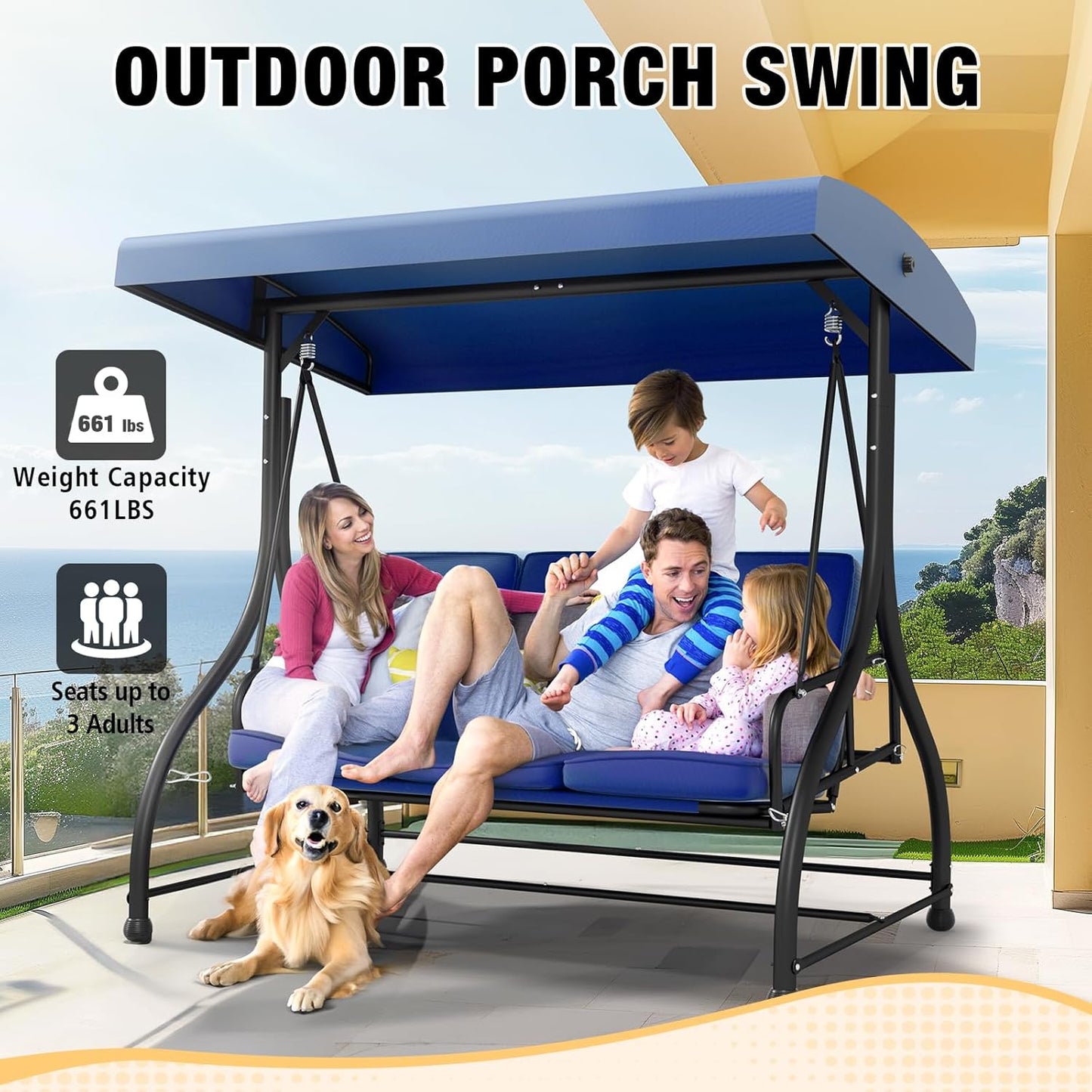 3-Seat Porch Swing Bed with Adjustable Canopy & Removable Cushions, Heavy Duty Steel Frame Outdoor Patio Swings Glider Chair for Backyard, Garden, Deck, Blue