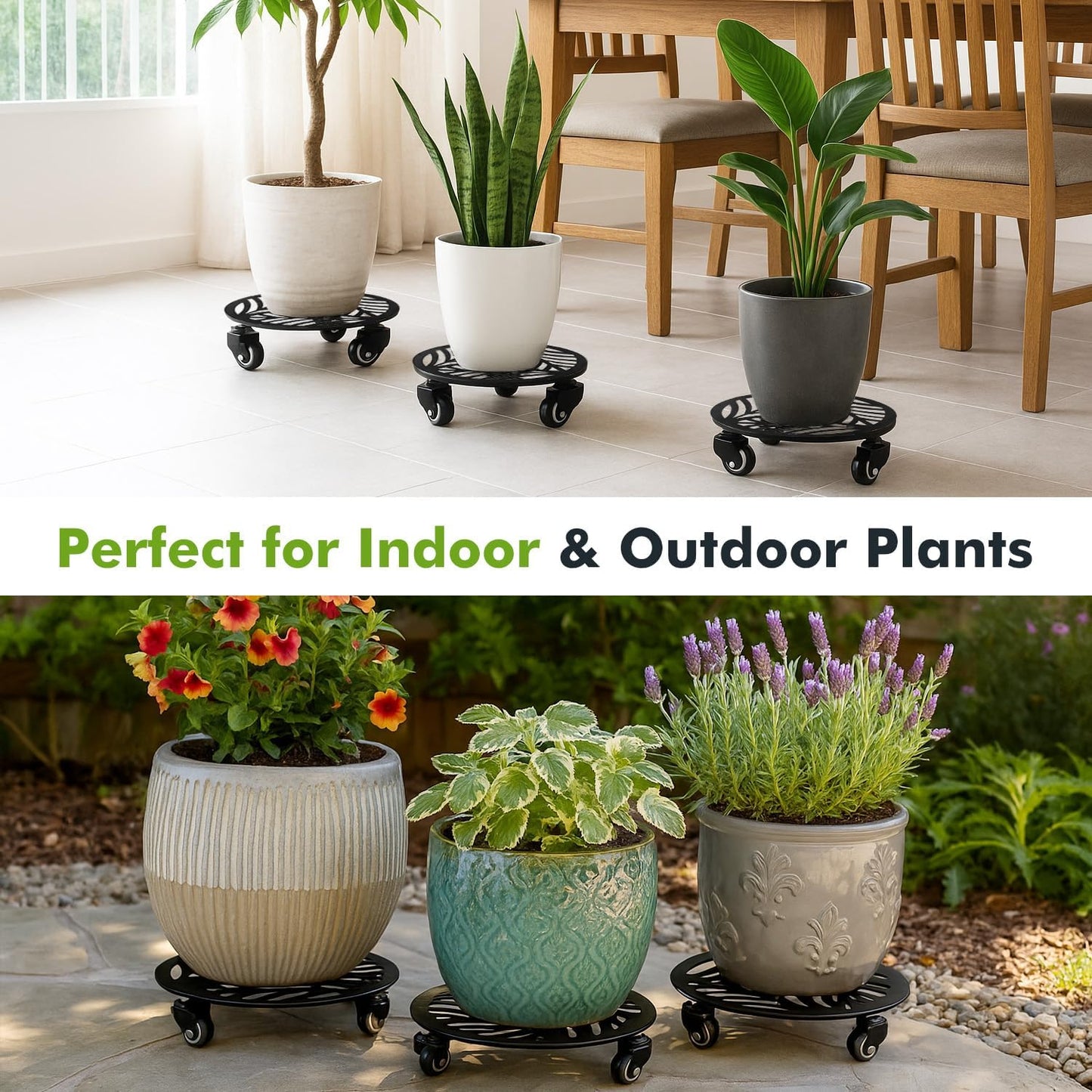 1 Pack 12 inches Large Metal Plant Caddy with 3 PU Metal Wheels Rolling Plant Stand with Casters Indoor Outdoor Wheeled Planter Roller Base Pot Movers Plant Dolly Coaster Trolley Black