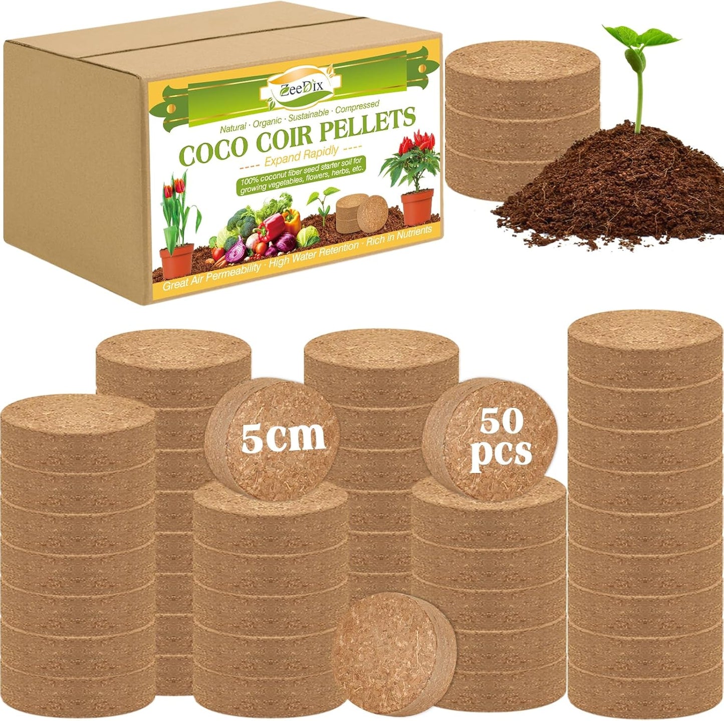 ZeeDix 50pcs 50mm Coco Coir Pellets, Compressed Soil Pellets Coconut Coir Seed Starter Discs Seed Starting Pellets Discs Potting Soil for Outdoor Plants Flowers Bonsai Herbs and Vegetables