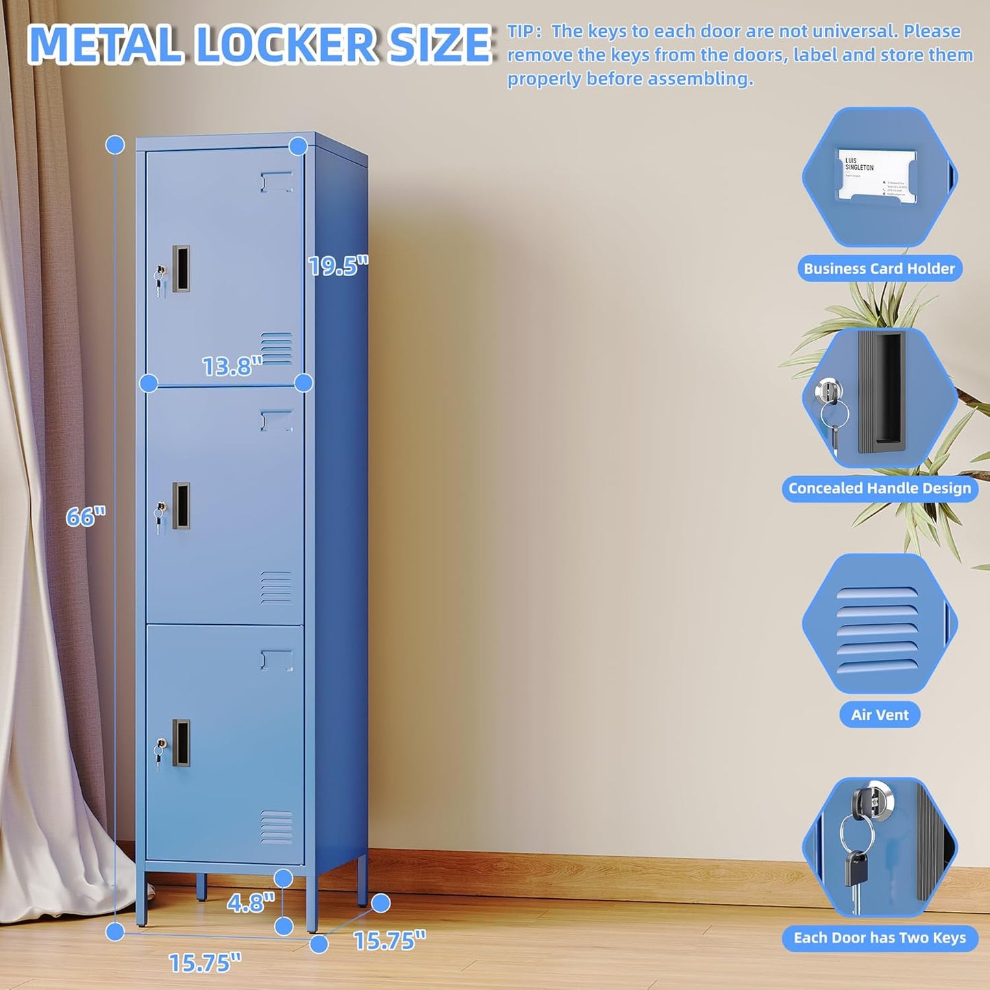 Metal Locker with Hooks and Ventilation Holes,Metal Storage Locker with Keys and Business Card Slot for Home,Gym,Garage,School,Office,66" H×15.75" W× 15.75" D,Assembly Required,Blue