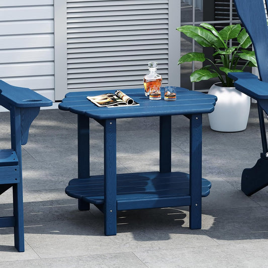 Small Outdoor Side Tables Modern 2-Tier Adirondack Table Rustic End Table HDPE Storage Shelf Industrial Corner Rectangle Coffee Table for Patio Garden Balcony Backyard Pool Farmhouse Home Blue