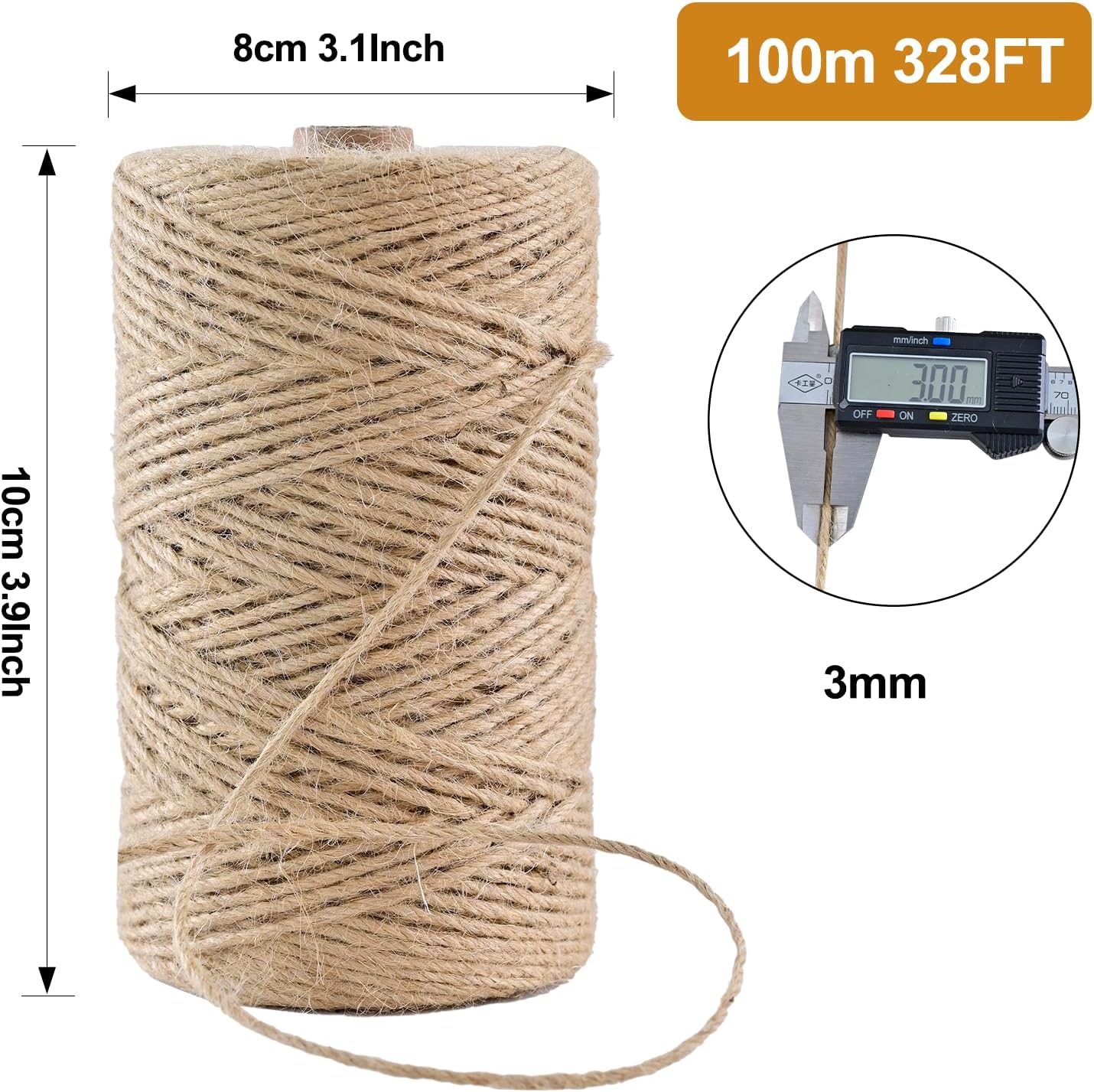 Natural Jute Twine 328 Feet Long String for Crafts Gift Wrapping Christmas Handmade Arts Decoration Packing String Home Decor （3mm * 328feet）
