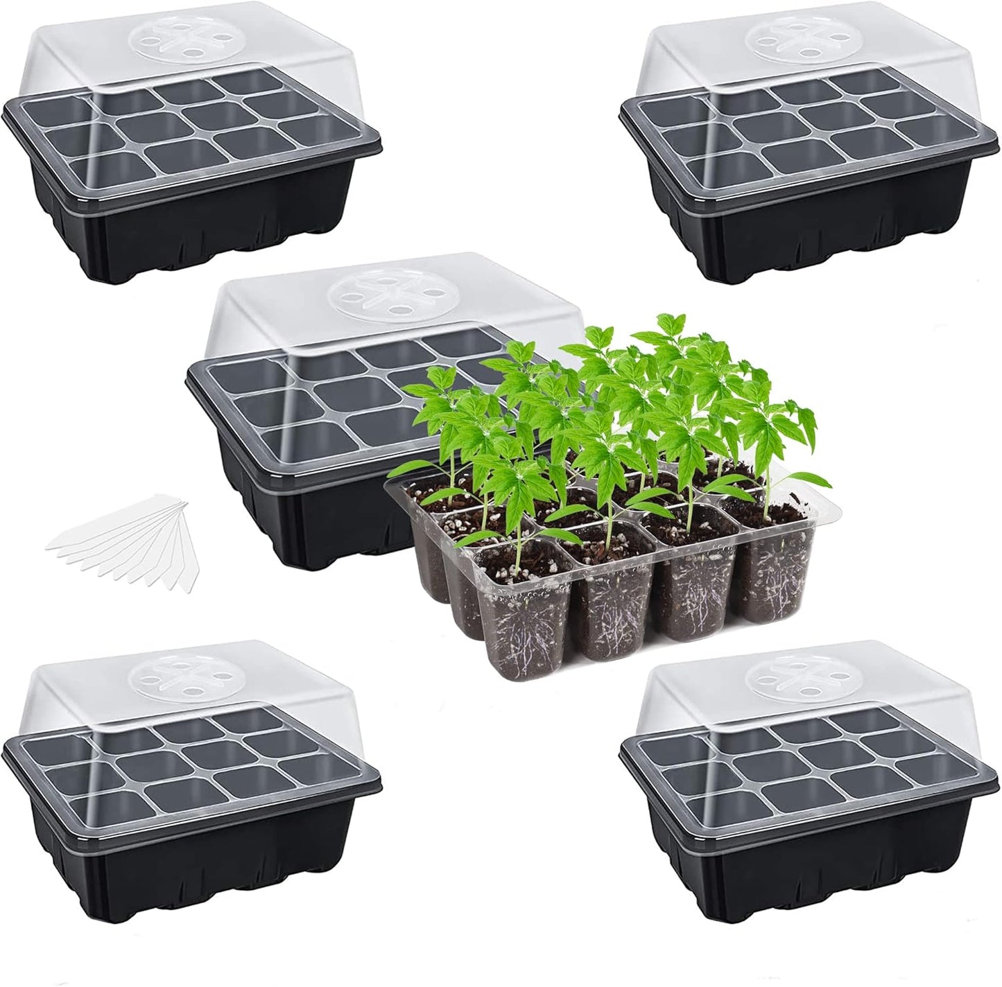 Bonviee 5-Pack Seed Starter Tray Seedling Kits,Plant Starter Kit with Adjustable Humidity Dome and Base Indoor Greenhouse Mini Propagator for Seeds Growing Starting (12 Cells per Tray,Black)