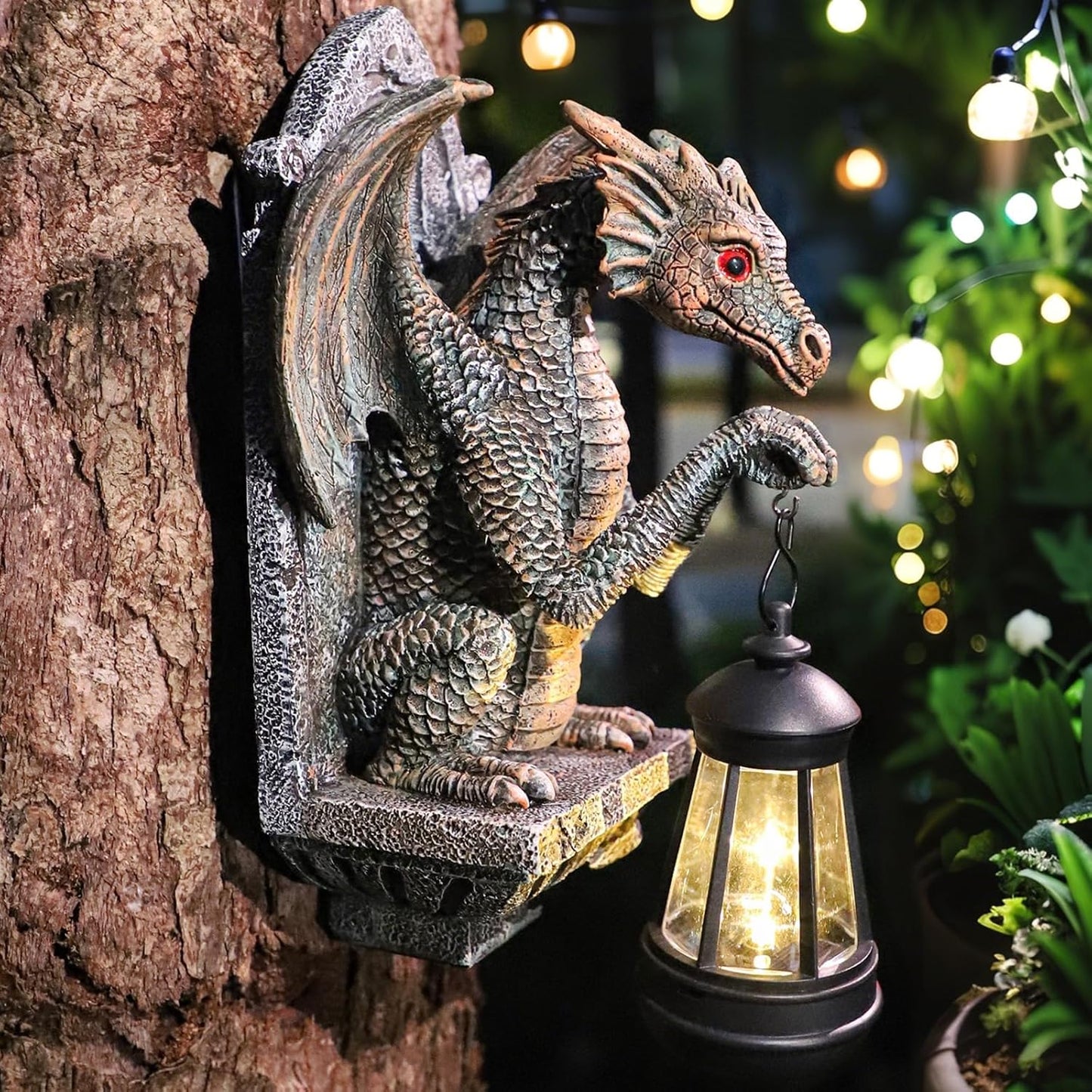 Dragon Statue Solar Lantern for Garden Décor, Dragons Figurine Night Light, 10”Outdoor Decorative Lamp, Mountable on Trees/Walls/Fences. Birthday/Housewarming Gifts for Dragon Fans (Antique Bronze)