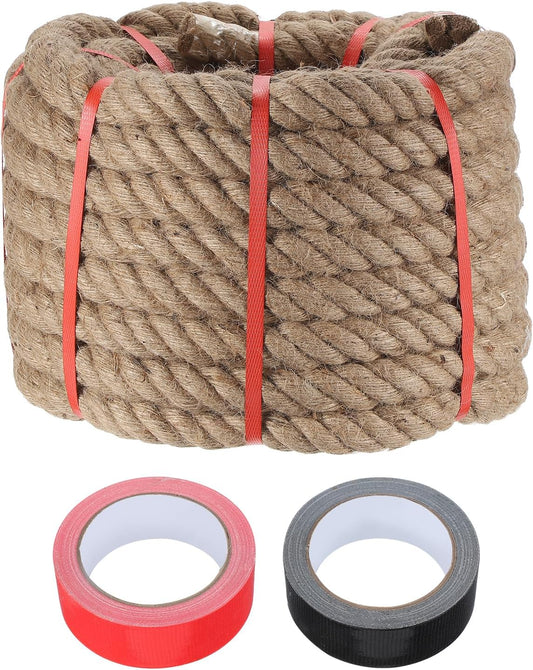 MECCANIXITY Jute Rope 1.4 Inch x 75ft, Thick Twine Rope Ropes Braided Jute Twine Natural Brown Burlap Cord String Heavy Twisted with Tapes for Decorative Crafts Railing Swing Tug of War