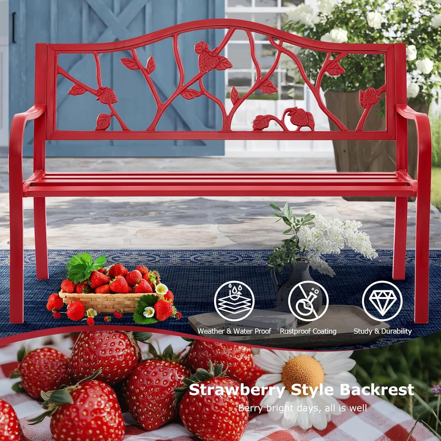 50” Strawberry Outdoor Garden Bench, Weatherproof Sturdy Cast Iron Metal Frame Patio Park Bench for Porch Yard Lawn Deck Park (Red Strawberry Style)