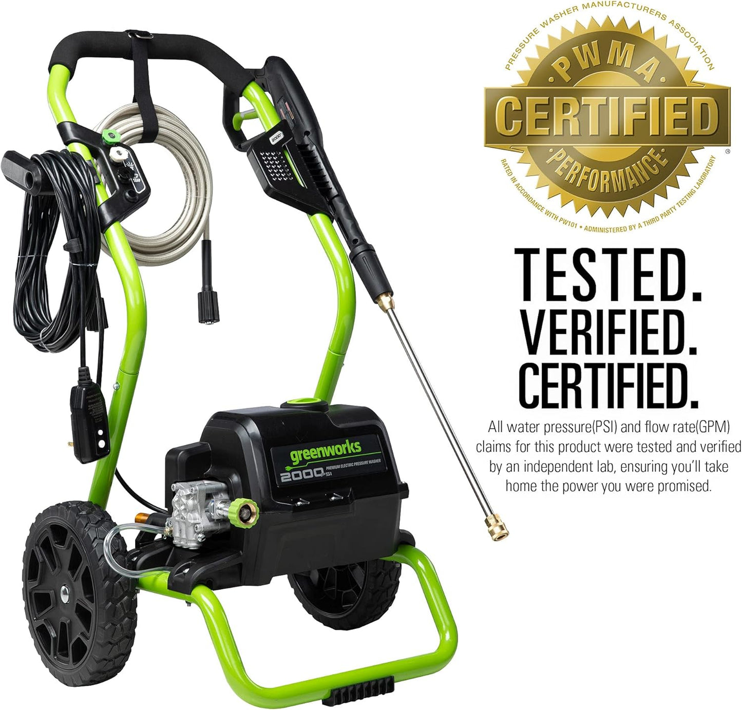 Greenworks 2000 PSI (13 Amp) Electric Pressure Washer (Wheels For Transport / 20 FT Hose / 35 FT Power Cord) Great For Cars, Fences, Patios, Driveways