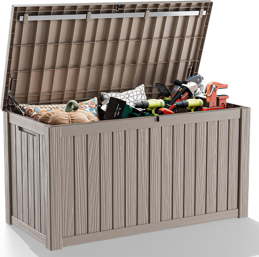 DRATO 150 Gallon Outdoor Storage Box, Large Waterproof Deck Box, Lockable Resin Storage Container with Reinforced Support for Patio Cushions, Garden Tools, UV-Resistant Outdoor Chest（Black）