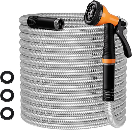 Garden Hose 100 FT - Flexible Metal Hose with 10 Function Nozzle, Kink Free, Lightweight, Durable, Crush Resistant Fitting, Easy to Coil, Puncture Proof Hose for Yard, Rv, 600 PSI - 2025 Model