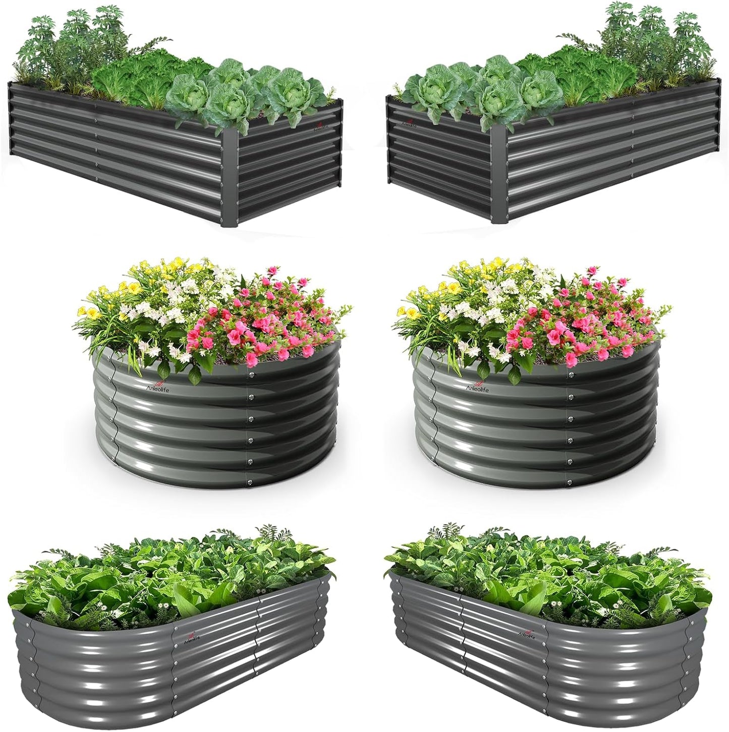 A ANLEOLIFE 6-Pack 4X4 & 6X3 & 6X2 Deep Root Galvanized Raised Garden Beds Outdoor for Planting Vegetables Flowers Herb,Quartz Grey