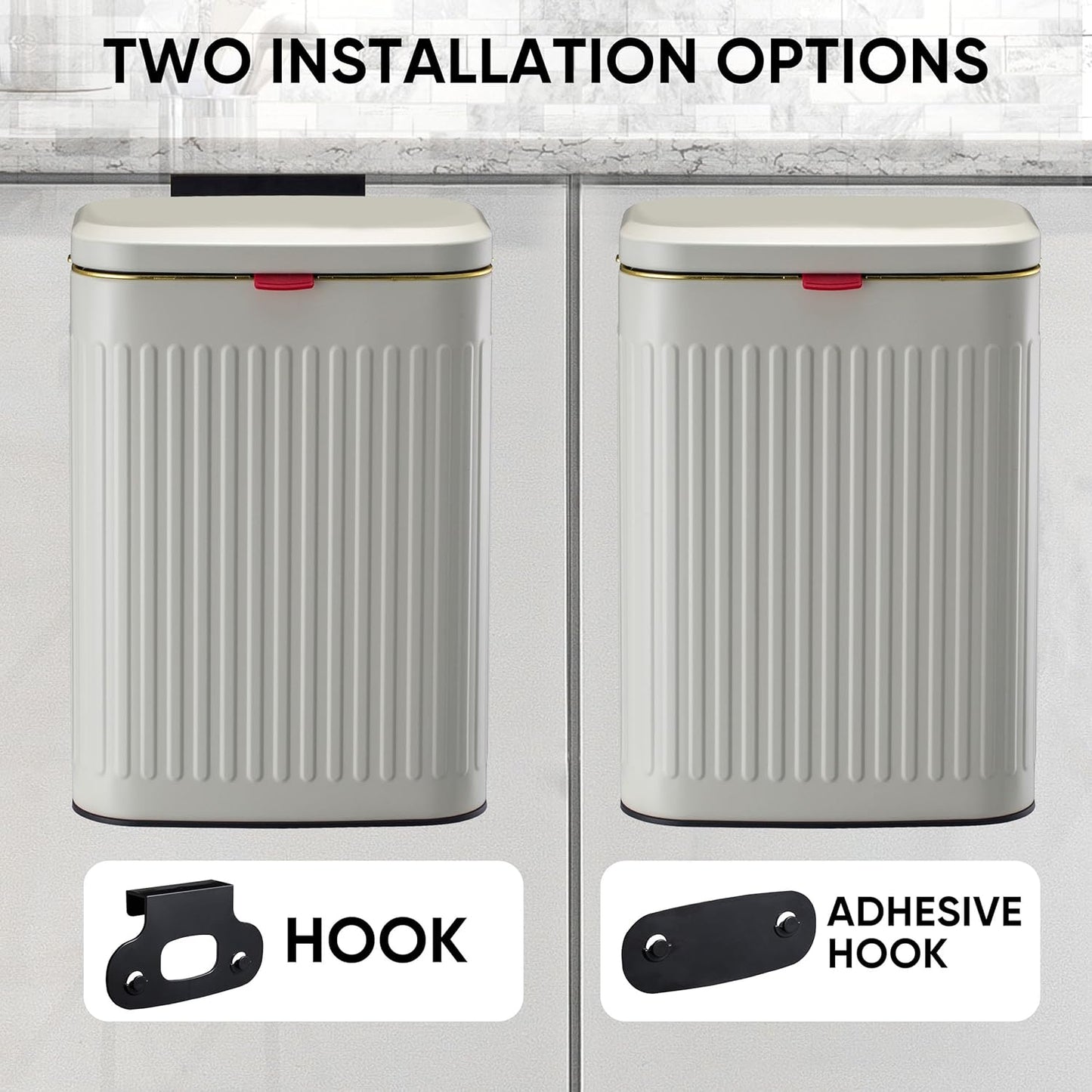 2.11Gallon 8L Carbon Steel Trash Can Door Compost Bin Wall Mounted 2 Ways Sliding Lid Compost Bin Countertop Kitchen Hanging Cabinet Door Trash Bin Metal Garbage Bin Cubo de Basura Ivory