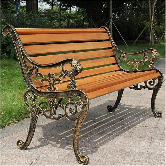 Garden Bench Outdoor Bar Hotel Patio Bench, Cast Iron Metal Frame Preservative Wood Patio Park Bench with Backrest and Armrests, for Porch, Lawn, Garden, Yard(Teak+Antique Bronze Legs)