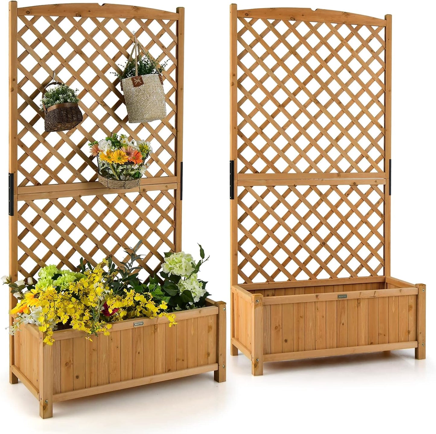 Giantex 2 Pcs Planter Raised Bed with Trellis, 71" Wooden Garden Bed, High Trellis for Plant Flower Climbing Pot Hanging, Indoor & Outdoor Planter Box for Yard, Garden, Balcony