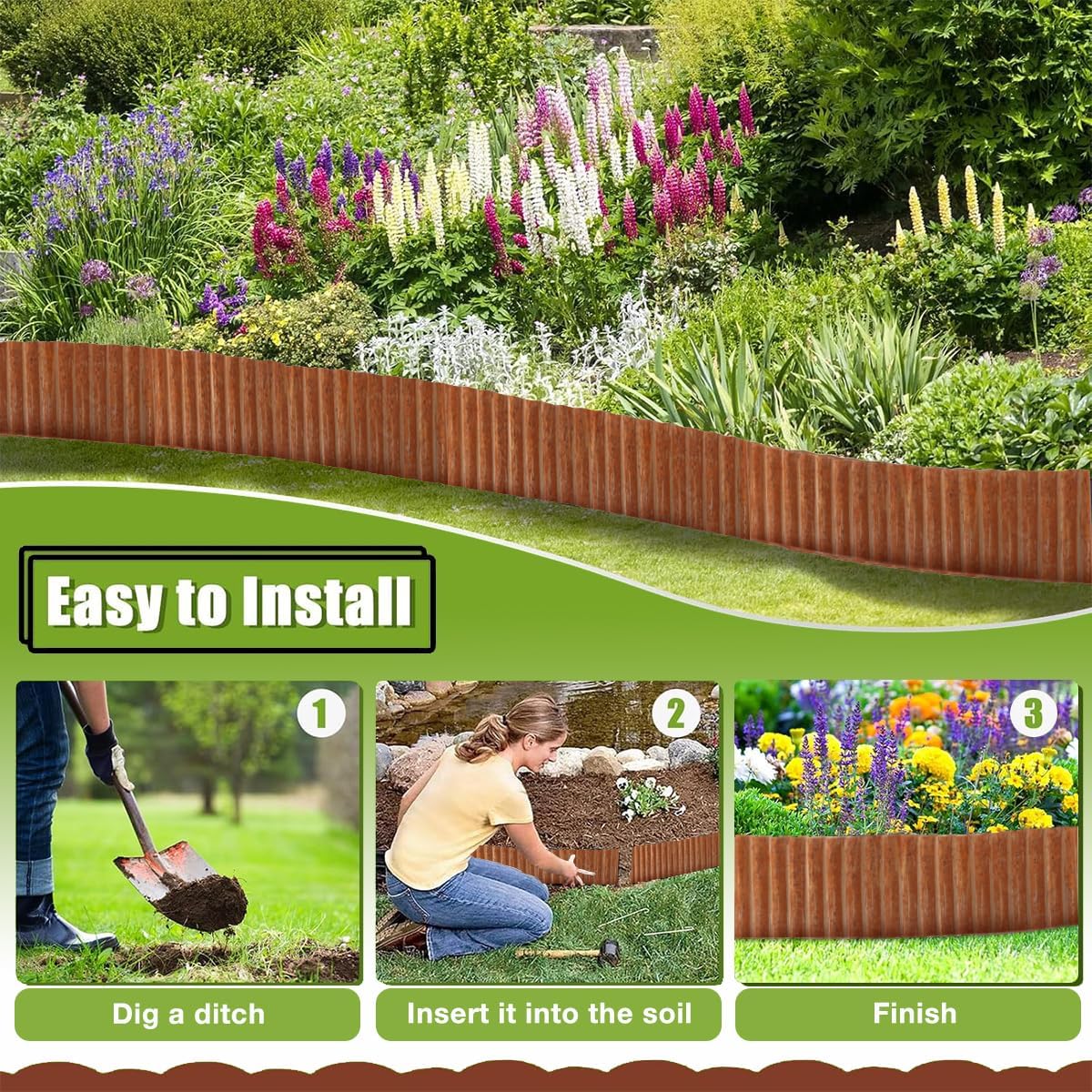 Landscape Edging Border 12inch x 20ft- Corrugated Metal Garden Edging - Lawn Edging Borders - Galvanized Edging Long Strips Yard Border for DIY Flower Beds, Plants, Walkways-Brown