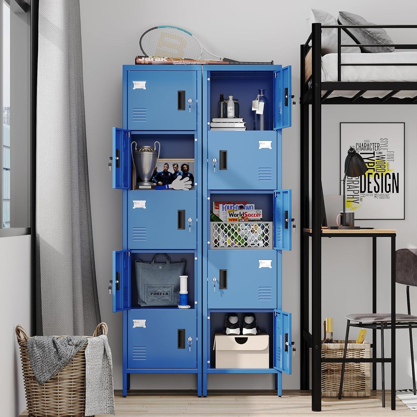 Metal Locker with Lock and Ventilation Holes,Metal Storage Locker with Business Card Slot for Home,Gym,Garage,School,Office,66" H x 15.8" W x 15.8" D Assembly Required,Blue