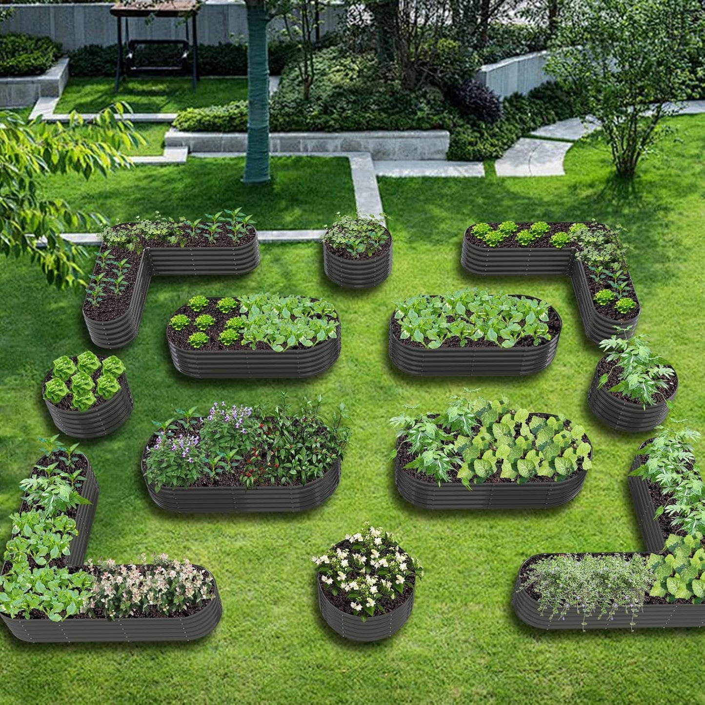 A ANLEOLIFE 12-Pack 4X4X1.5ft & 6X2X1.5ft & 81x81x18 in Deep Root Galvanized Raised Garden Beds Outdoor for Planting Vegetables Flowers Herb, Quartz Grey