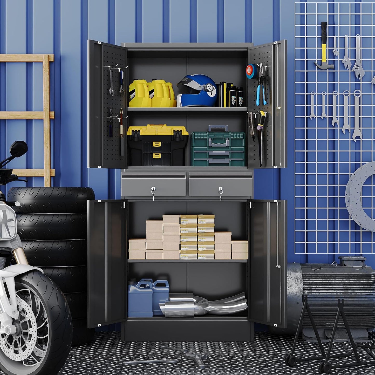 Garage Storage Cabinet, Metal Storage Cabinet with 2 Drawers and 2 Adjustable Shelves, Metal Lockers with Pegboards for Homes, Offices, Kitchens, Schools and Pantries