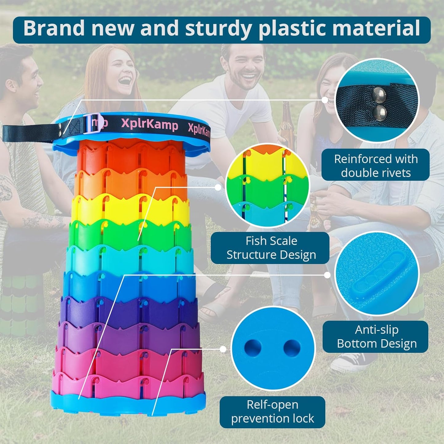 Retractable Folding Stool - Heavy Duty 400 lb Collapsible Portable Stool for Camping, Hiking, Fishing, Indoor/Outdoor with Non-Slip Base and Lightweight Design (Rainbow, 1-Pack)