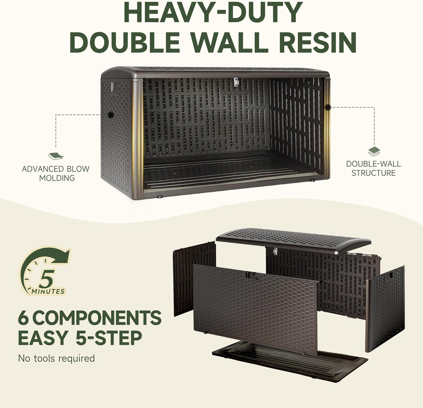 73 Gallon Deck Box, Double Layer Waterproof Resin Outdoor Indoor Storage Box, Lockable & UV Resistant Storage Bin for Patio Furniture, Garden Tools, Pool Accessories (Brown)