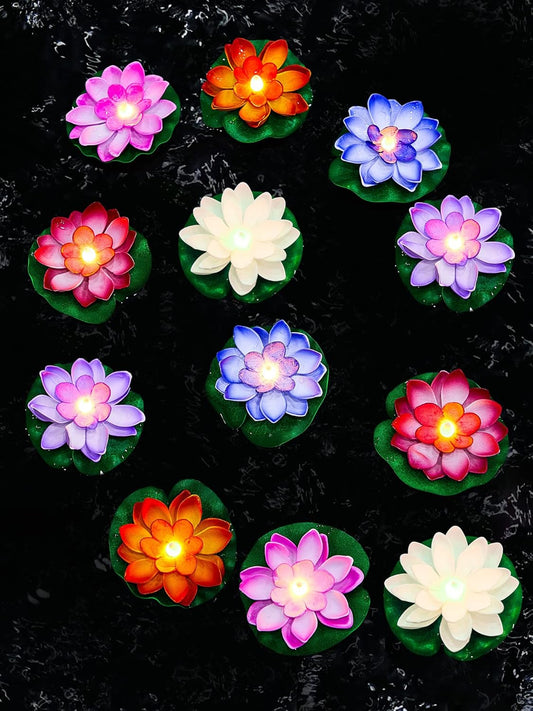 Hortsun 12 Pcs Floating Lotus Lights with Batteries Lily Pads Pool Flowers Diwali Pooja Decorations Floating Candles Decor for Pool Pond Outdoor Indoor(3.94 Inch,Multicolor)
