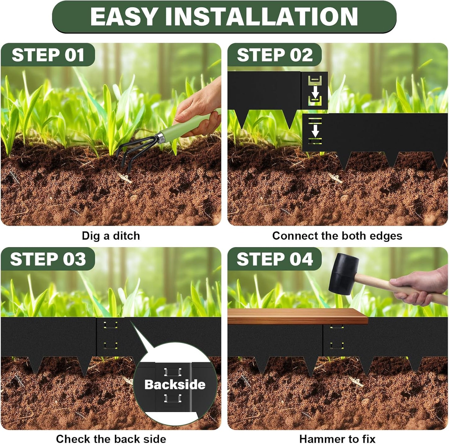 Galvanized Steel Landscape Edging - 40 Inch Strips, 8 Inch Depth, 6-Pack Black Bendable Metal Edging - 20FT Total Length