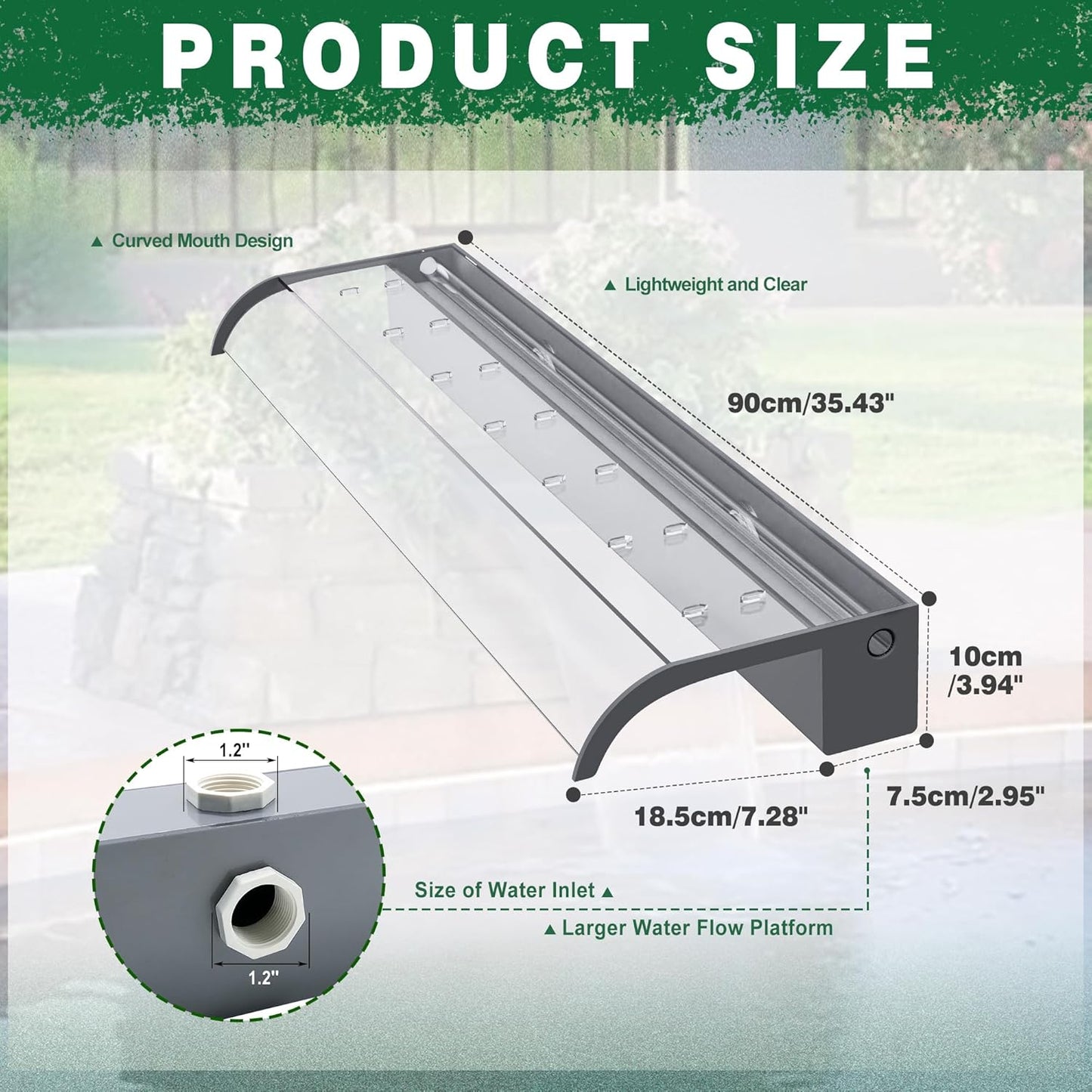 Pool Fountain, LONGRUN Waterfall Spillway for Koi Ponds - 35.4" Transparent Acrylic Waterfall for Swimming Pool, Garden Pond, Patios, Spa Decoration