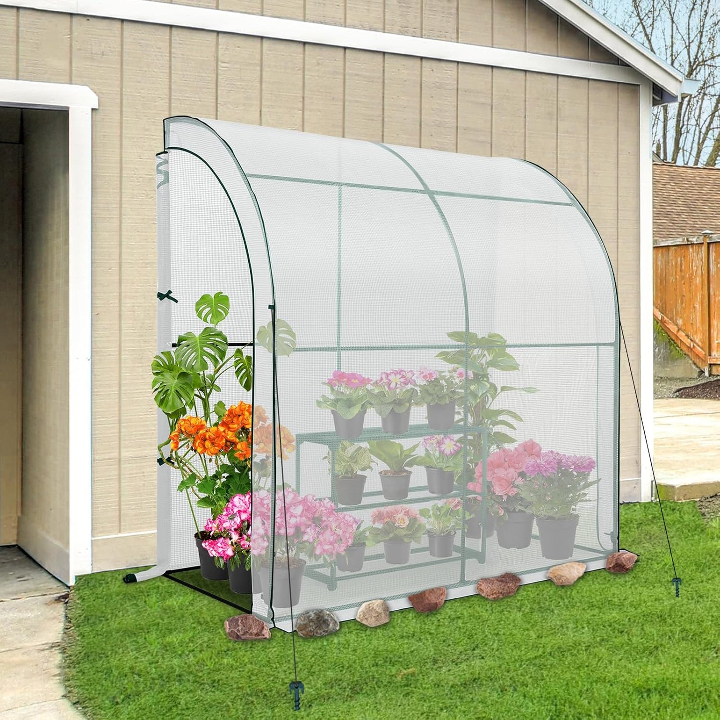 EAGLE PEAK 3 Tier Lean to Portable Greenhouse, Heavy-Duty Indoor & Outdoor Garden with Wire Shelves, 2 Roll-Up Zipper Doors, Easy Assembly, 79"x39"x83" Clear/White PE Cover