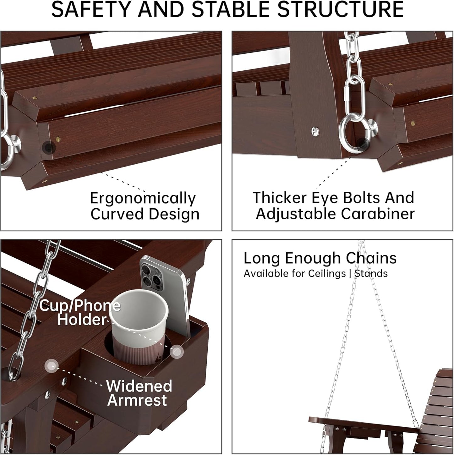 Wooden Outdoor Porch Swings, 2 Seater Front Porch Swing with Upgraded 22" Deep Seat, Heavy Duty 880 Lbs Swing Bench Chair for for Patio, Backyard, Garden (Brown, 4 FT)