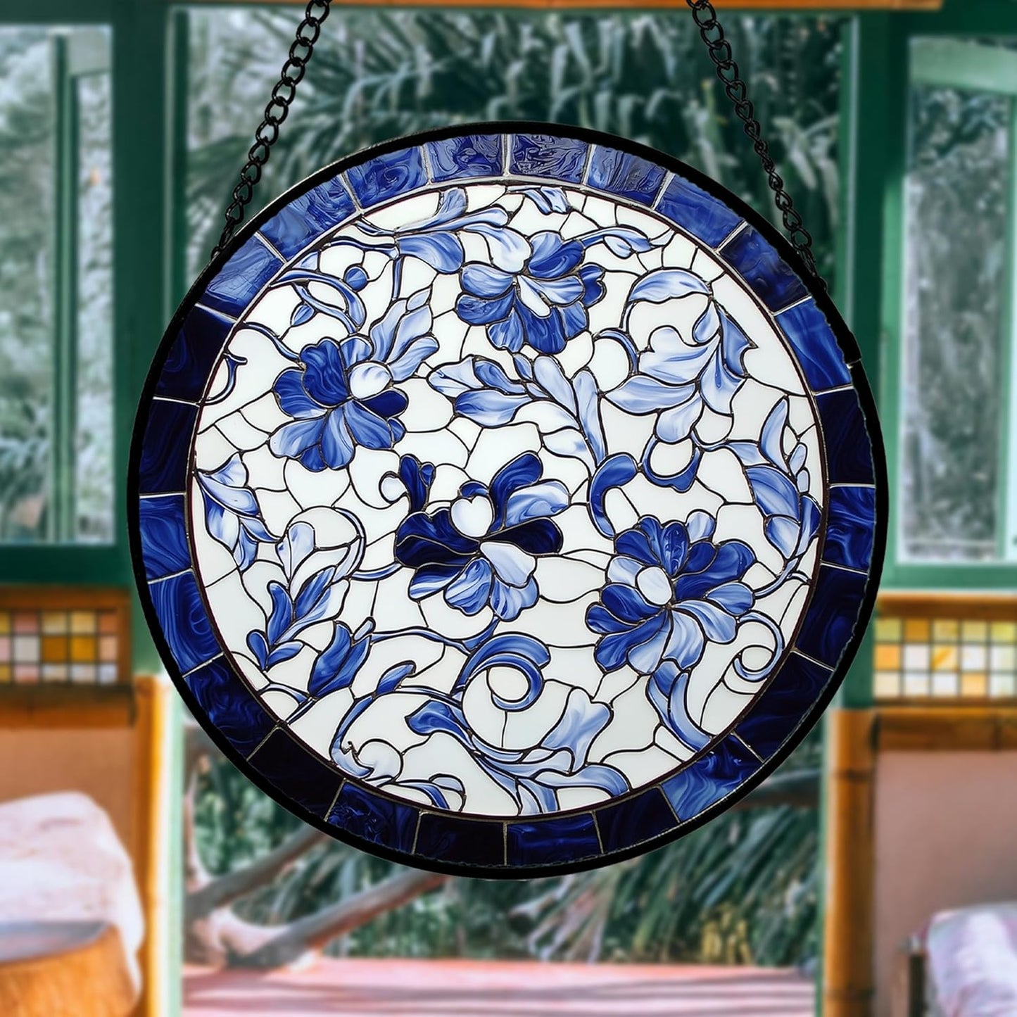 Stained Glass Window Hanging, Blue and White Abstract Flowers Sun Catcher for Door Home Decor Suncatcher Christmas Mother's Day Birthday Gifts for Women Men Mom and Nana 15 in