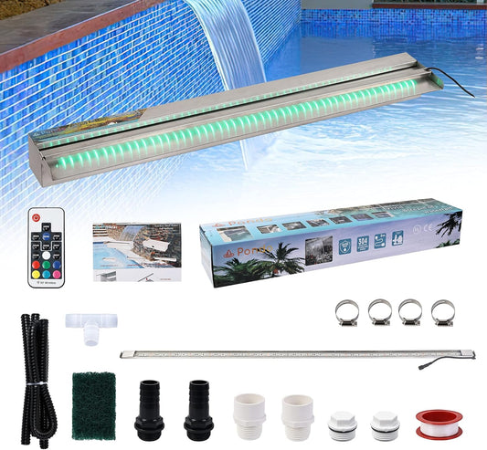 YUDA 36" Stainless Steel Waterfall Pool Fountain with SMD LED 7 Color Changing and Remote, Lighted Waterfall Spillway for Sheer Descent Garden Outdoor