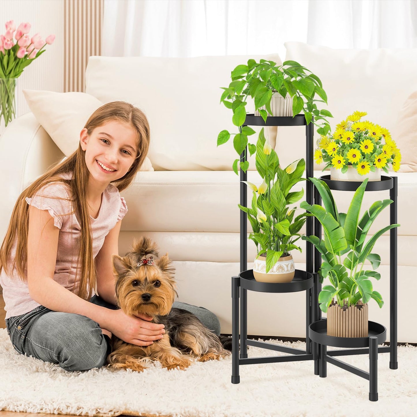 iDavosic.ly Plant Stand Indoor Outdoor, 4 Tier Corner Metal Flower Display Holder Shelf, Folding Tall Orchid Rack for Patio Balcony Porch Garden Living Room House, Black