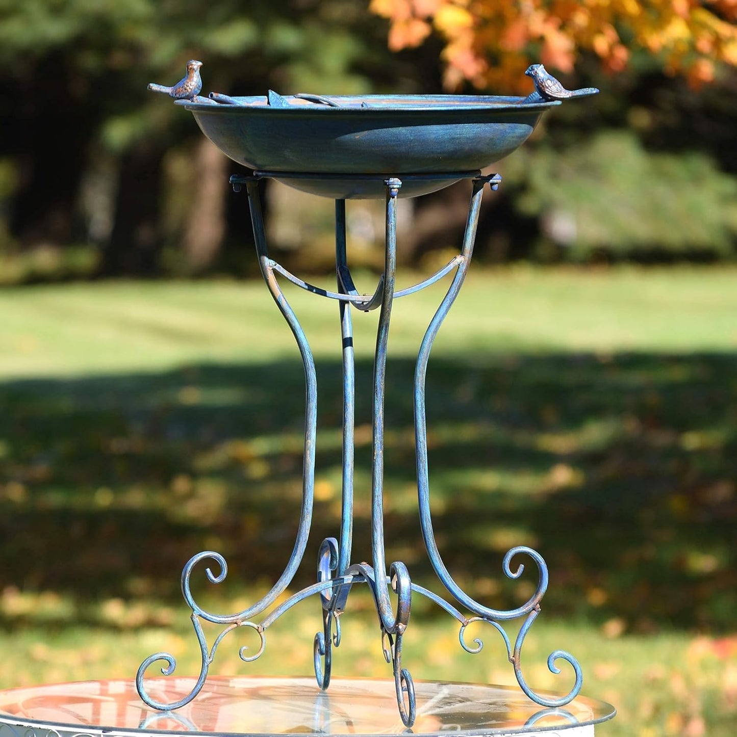 Zaer Ltd. Deep Well Made Metal Birdbath with 2 Cast Iron Birds and Leaf Decoration (Frosted Blue)