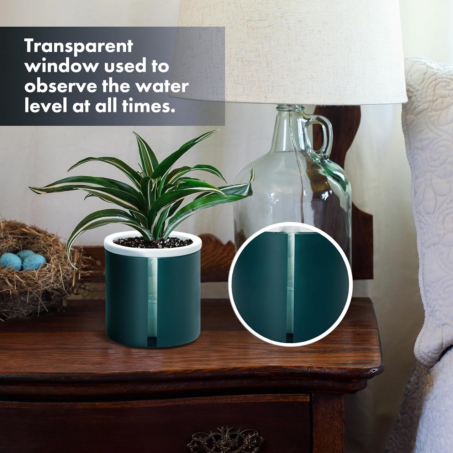 D'vine Dev 4 Inch Design Self Watering Planter for Indoor Plants, White Terracotta Pot with Teal Cylinder Glass Cup, Set of 3,37-Z-A-5-T