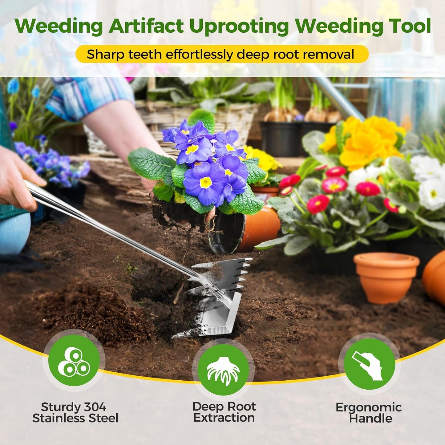 2025 Upgraded Weed Puller Tool,Portable Garden Weed Rake Uprooting Weeding Tool with Handle,6 Tooth Manganese Steel Manual Weeder Remover Tool for Gardening Backyard Farm Planting & Weeding