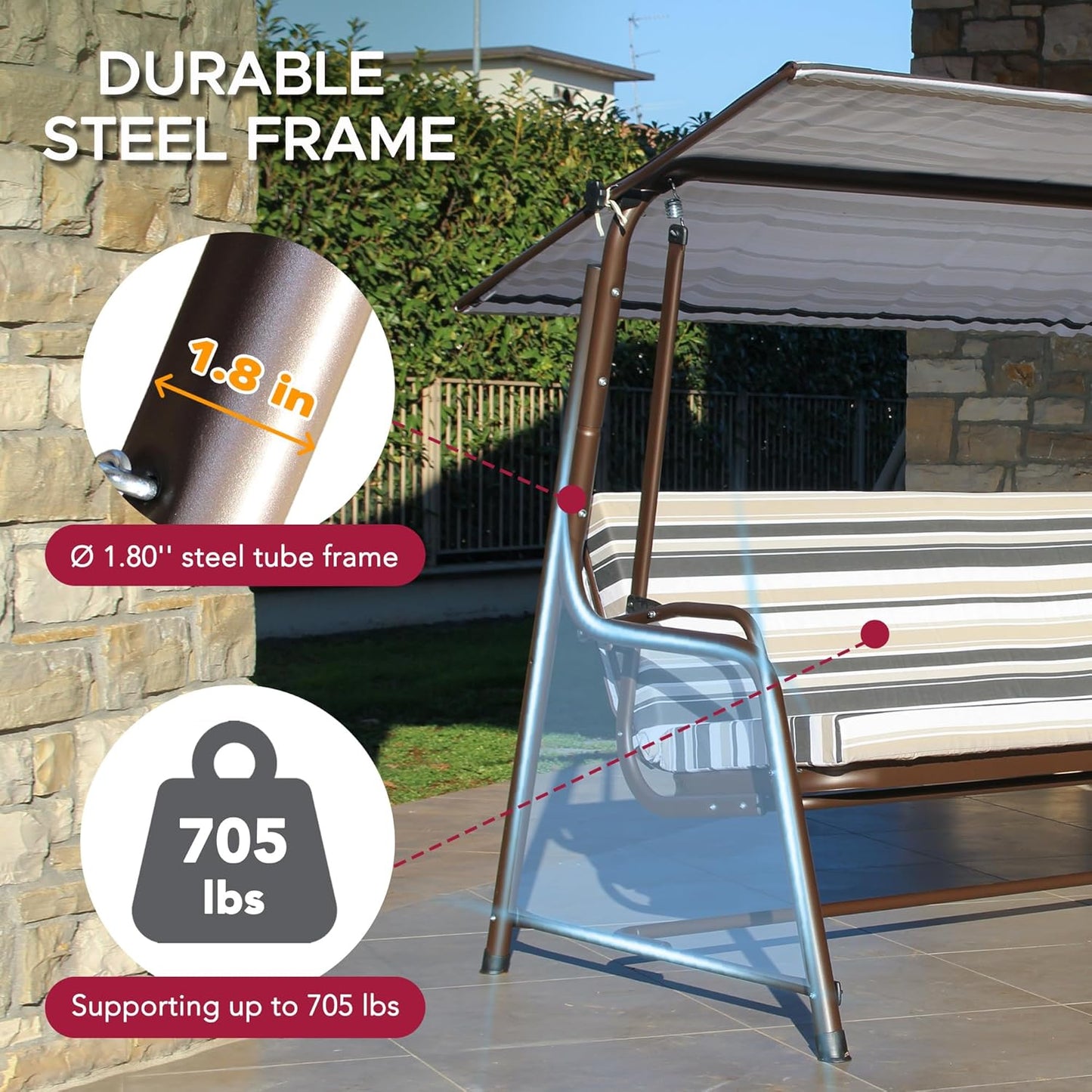 SUNJOY 3-4 Seat Luxury Outdoor Porch Swing, Steel Patio Swing with Elastic Metal Mesh Seat, Convertible Design, Cushion and Adjustable Canopy for Garden, Poolside, Backyard, Bronze - Made in Italy