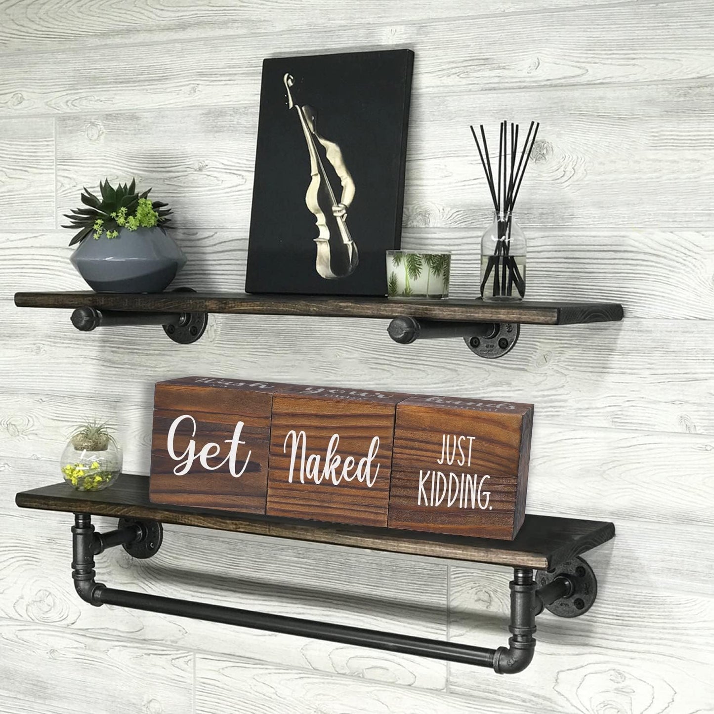 Farmhouse Bathroom Decor, Wooden Cute Restroom Home Decoration, Funny 4-Sided Mordern Rustic Bathroom Blocks, Nice Butt&Get Naked&Hello Sweet Cheeks&Wash Your Hands Sign, Brown 2.8"