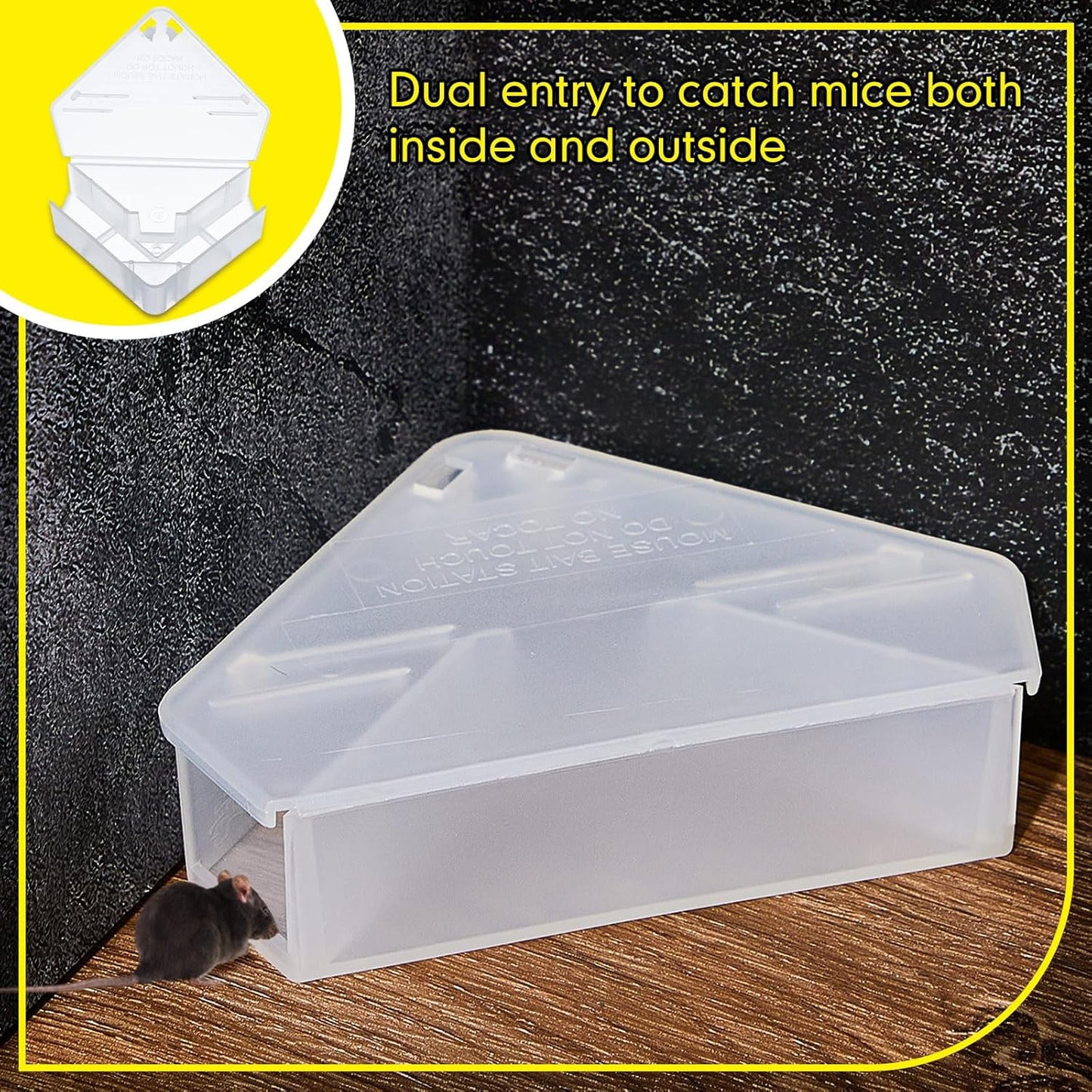 Qualirey 2 Pcs Mice Station with Key Triangle Bait Station Reusable Rodent Trap Bait Box, Keeps Children and Pets Safe Indoor & Outdoor, Bait Not Included, Suitable for Small Mice (Translucent)