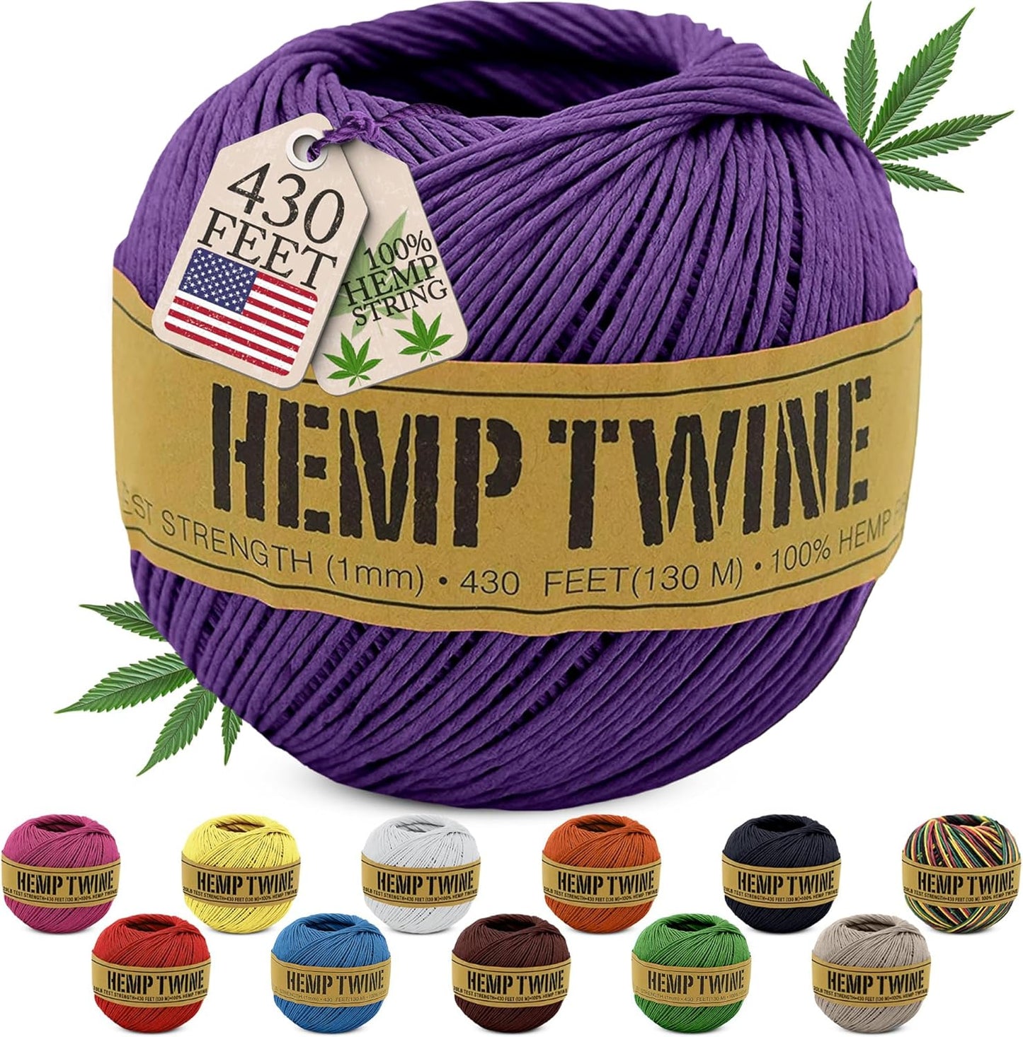 Hemp Twine for Gardening - Twine for Crafts - Organic Natural Hemp String for Jewelry Making - Strong Durable Cord for Decoration, Macrame + Cooking - 1MM, 100G/430 Ft. - 20 lb. Test Strength - Purple