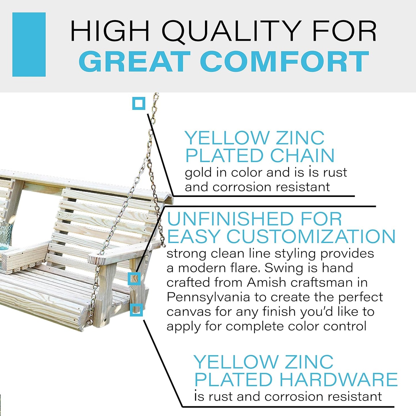 Porchgate Amish Heavy Duty Console Porch Swing with Fold Down Cup Holders in Unfinished - Amish Made in The USA from Treated Pine, Hanging Chains Included