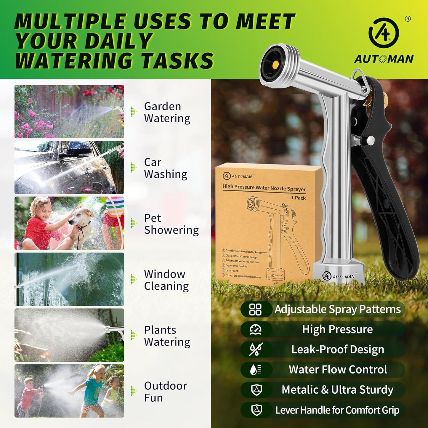 AUTOMAN Garden Hose Nozzle, 1 Pack High Pressure Nozzle, Full Size Pistol Grip Water Sprayer with Threaded Front, Adjustable Spray Water Flow for Car Washing, Plants Watering, Pets Showering, Cleaning