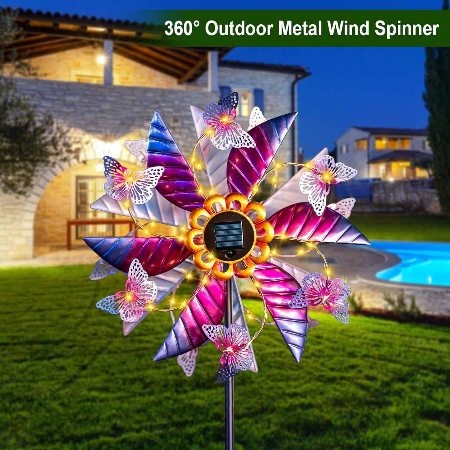 Solar Wind Spinners for Yard and Garden - 61.5 Inch 360° Metal Large Wind Sculptures Outdoor Clearance Kinetic Windmills with Vine String Shining LED Lights for Patio, Lawn Garden Decoration
